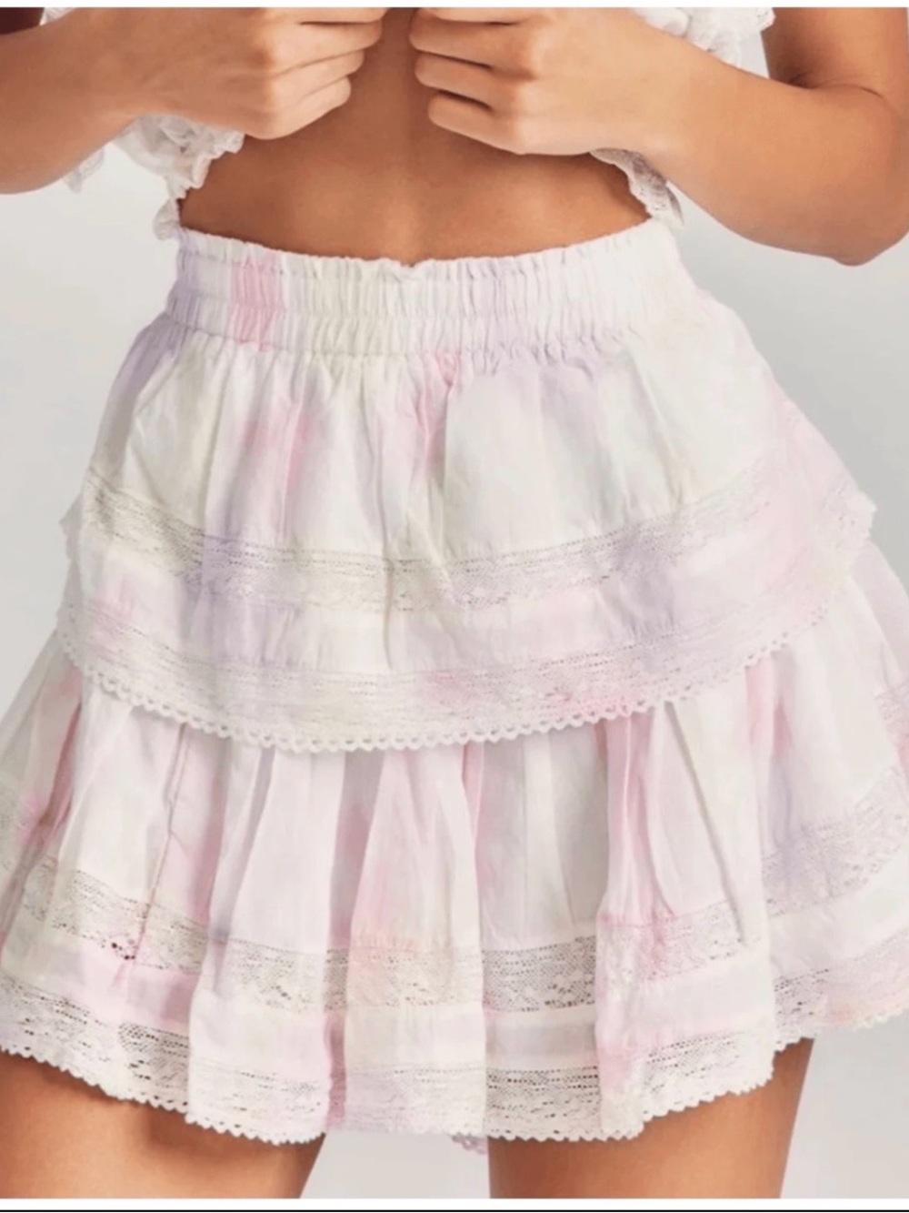 LoveShackFancy Ruffle Lace Trim Tie-Dye Mini Skirt Pastel Pink yellow Medium